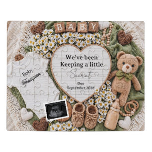 Neutral boho teddy bear pregnancy announcement jigsaw puzzle