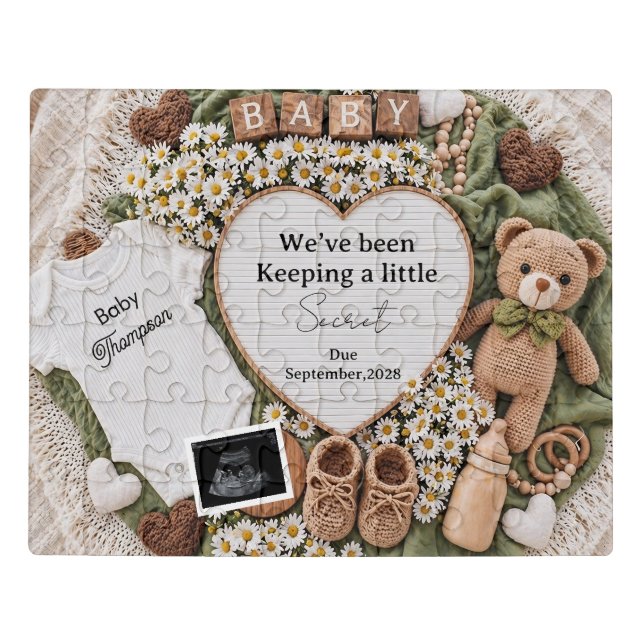 Neutral boho teddy bear pregnancy announcement  jigsaw puzzle (Puzzle Horizontal)
