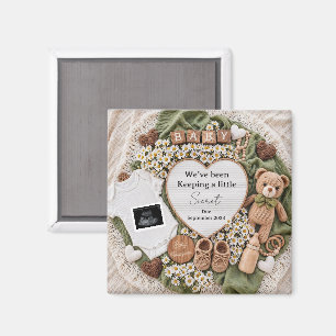 Neutral boho teddy bear pregnancy announcement magnet