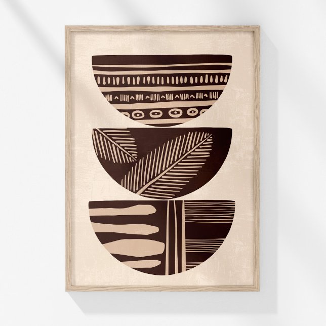 Neutral Boho Tribal Abstract Bowls Wall Art Print (Boho Neutral Abstract Tribal Bowls Wall Art in a wooden frame on a sunny white wall.)