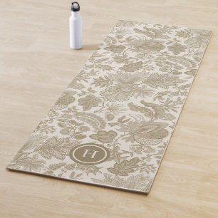 Neutral Boho Vintage Floral Print Monogrammed Yoga Mat