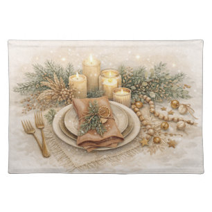 Neutral Boho Watercolor Christmas Table Setting Cloth Placemat
