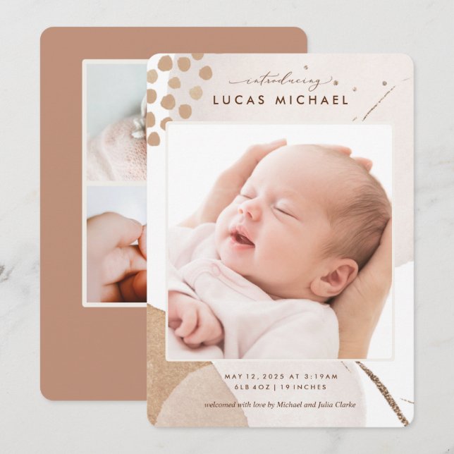 Neutral Boho Watercolor Photo Birth Announcement (Front/Back)