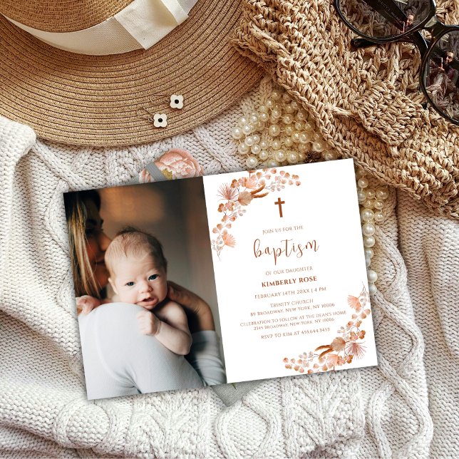Neutral Boho Wildflower Photo Cross Baptism Invitation (Neutral Boho Wildflower Photo Cross Baptism Invitation)