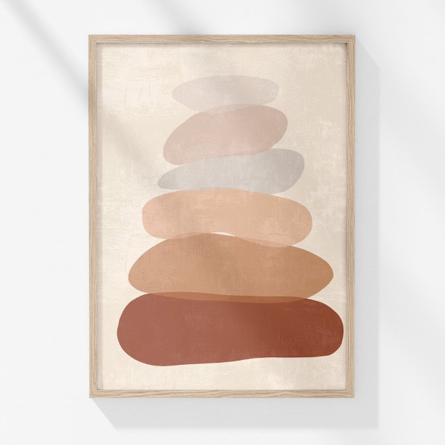 Neutral Boho Zen Stones Abstract Wall Art Poster (Boho Muted Neutral Abstract Zen Stones Art Poster in a wooden frame on a sunny white wall.)