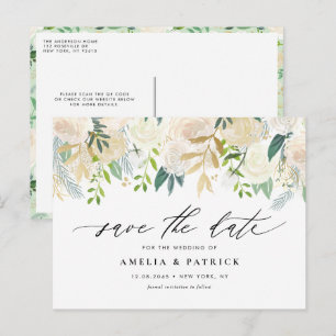 Neutral Botanical Garland QR Code Save the Date Announcement Postcard