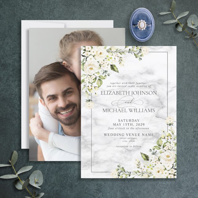 Neutral Botanical Greenery Marble Photo Wedding Invitation (Creator Uploaded)