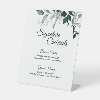 Neutral Botanical Wedding Cocktail Menu Pedestal Sign