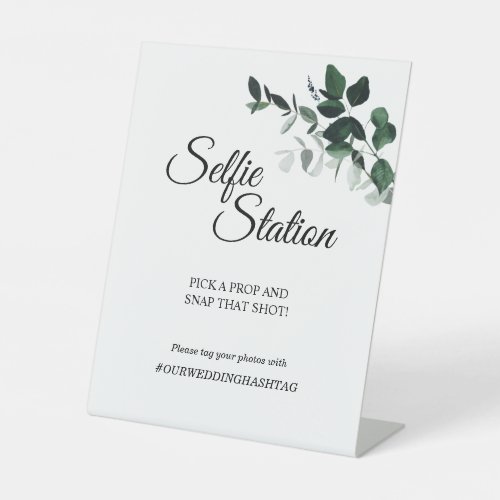 Neutral Botanical Wedding Selfie Station Pedestal Sign