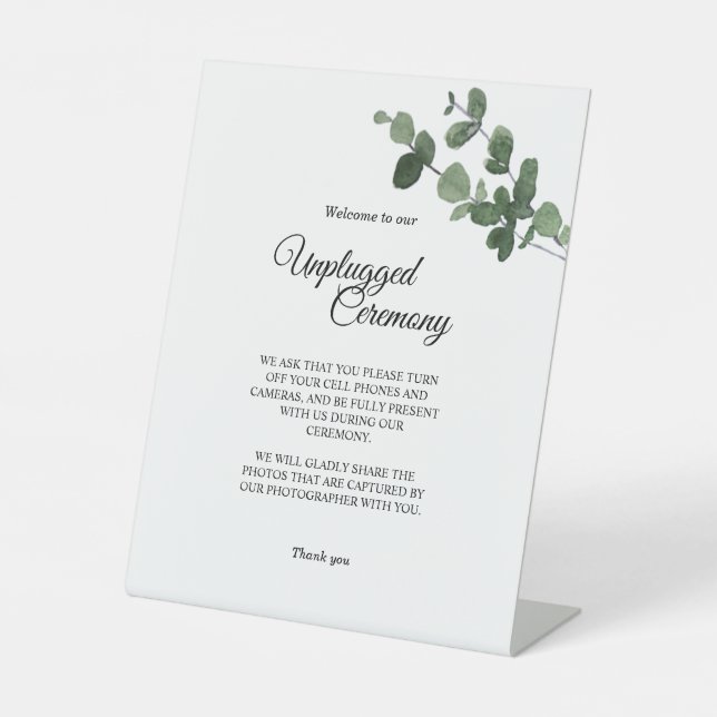 Neutral Botanical Wedding Unplugged Ceremony Pedestal Sign (Front)