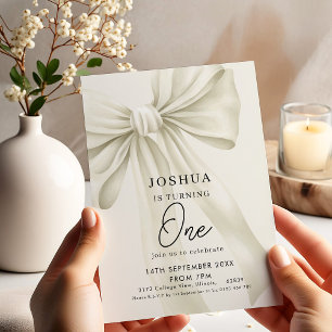 Neutral Bow 1st Birthday Invitation
