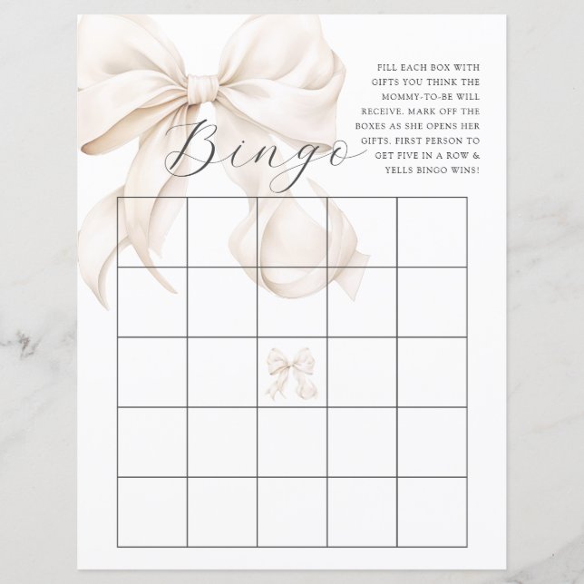 Neutral Bow Baby Shower Bingo Game (Front)