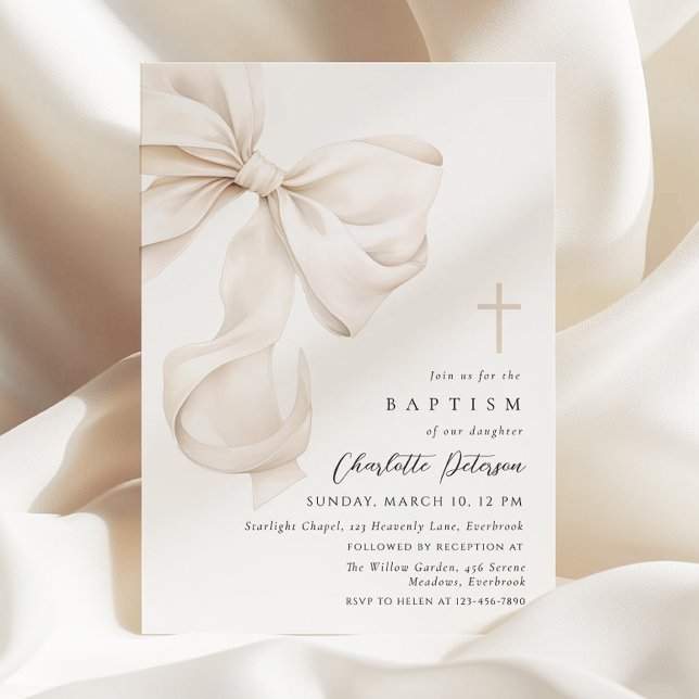 Neutral Bow Bow Baptism Invitation (Creator Uploaded)