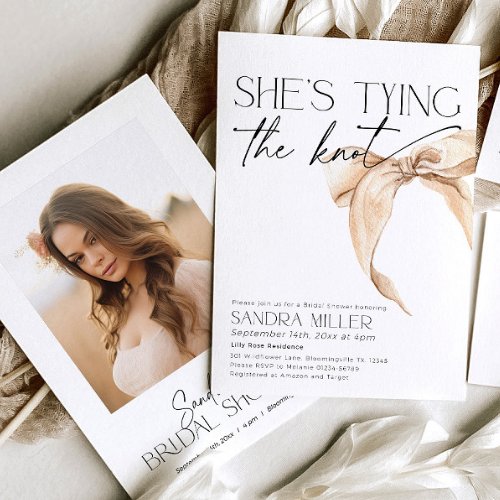 Neutral bow Bridal Shower Shes tying the knot Invitation
