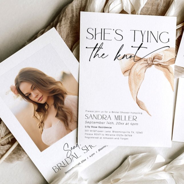 Neutral bow Bridal Shower "She's tying the knot" Invitation (Creator Uploaded)