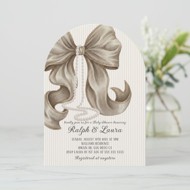 Neutral Bow Pearl Girl Baby Shower Invitation (Standing Front)
