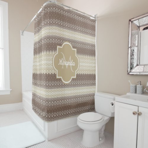 Neutral Brown and Tan Knit Pattern With Name Shower Curtain