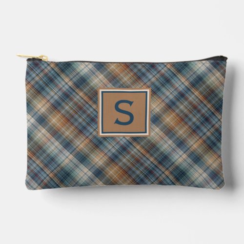 Neutral Brown Beige Teal Blue Plaid Tartan Pattern Accessory Pouch