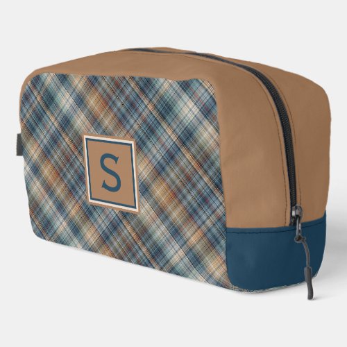 Neutral Brown Beige Teal Blue Plaid Tartan Pattern Dopp Kit