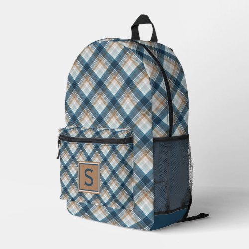 Neutral Brown Beige Teal Blue Plaid Tartan Pattern Printed Backpack