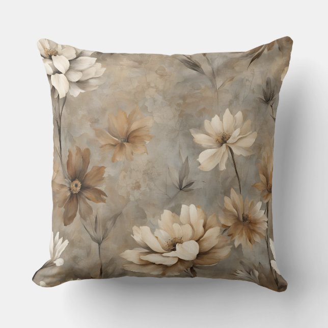 Neutral Brown Gray Beige Earthy Floral Throw Pillow (Front)