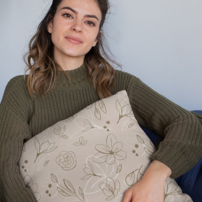 Neutral Brown Minimalist Modern Florals Throw Pillow (Neutral, timeless, minimalist floral illustration throw pillow dessign)