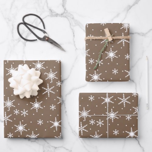 Neutral Brown Modern Festive Snowflake Pattern Wrapping Paper Sheets