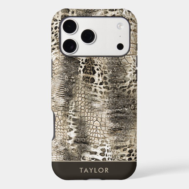 Neutral Brown Snakeskin Pattern with Name Iphone Case (Back)