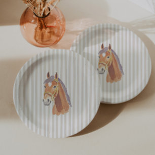Neutral Brown Stripe Horse Birthday Paper Plates
