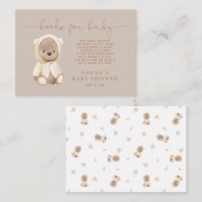 Neutral Brown Teddy Bear Baby Shower Book Request Enclosure Card (Front/Back)