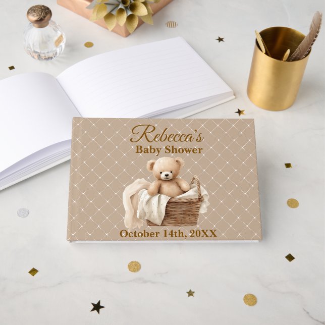 Neutral Brown Teddy Bear Baby Shower  Guest Book (Front Open)