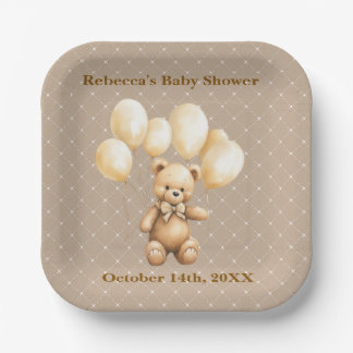 Neutral Brown Teddy Bear Baby Shower Paper Plate