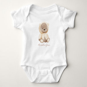 Neutral Brown Teddy Bear Personalized Name Baby Baby Bodysuit