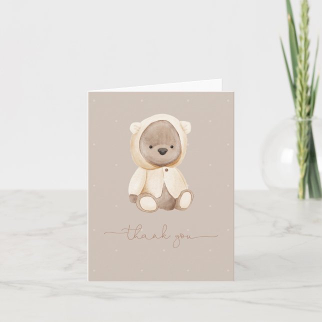 Neutral Brown Teddy Bear Watercolor Thank You Card (Front)
