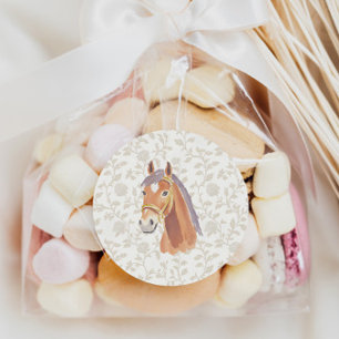 Neutral Brown Toile Horse Birthday Classic Round Sticker