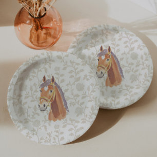 Neutral Brown Toile Horse Birthday Paper Plates