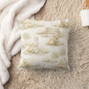 Neutral Bunny Bear Picnic Floral Garden (2) Throw Pillow