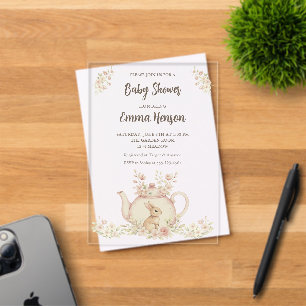Neutral Bunny & Floral Teapot Baby Shower Acrylic Invitations
