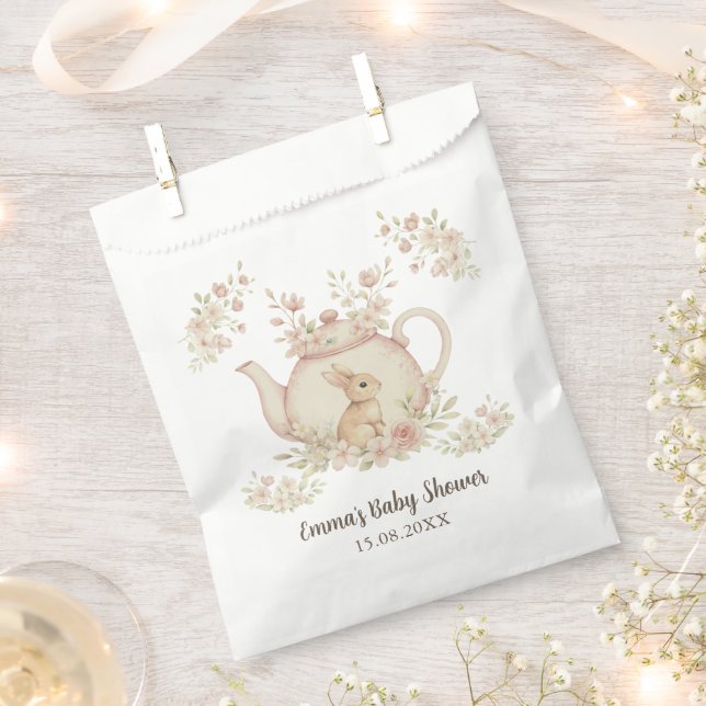 Neutral Bunny & Floral Teapot Baby Shower  Favor Bag (Clipped)