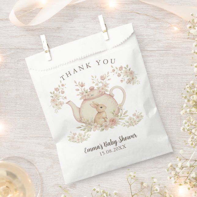 Neutral Bunny & Floral Teapot Baby Shower  Favor Bag (Clipped)