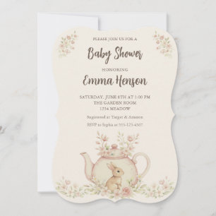 Neutral Bunny & Floral Teapot Baby Shower Invitation