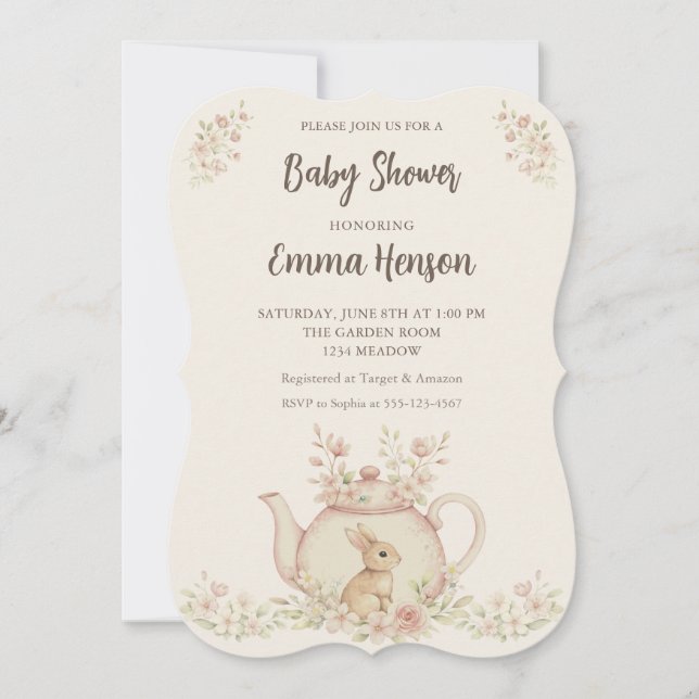 Neutral Bunny & Floral Teapot Baby Shower  Invitation (Front)
