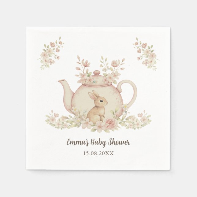 Neutral Bunny & Floral Teapot Baby Shower  Napkins (Front)