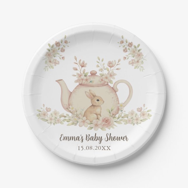 Neutral Bunny & Floral Teapot Baby Shower  Paper Plates (Front)