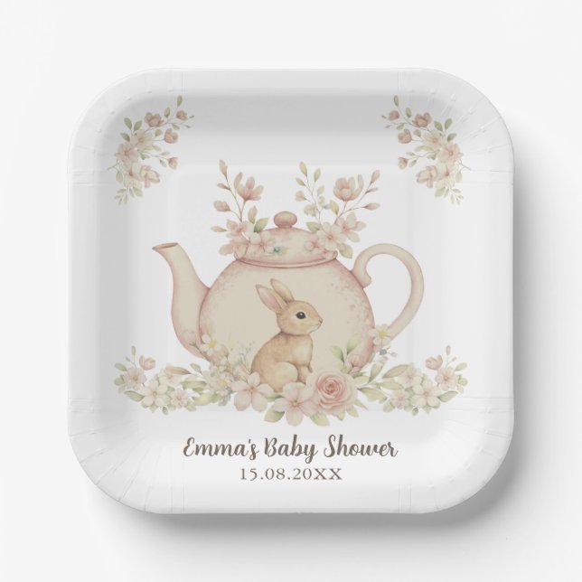 Neutral Bunny & Floral Teapot Baby Shower  Paper Plates (Front)