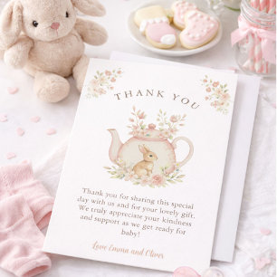 Neutral Bunny & Floral Teapot Baby Shower Thank You Card