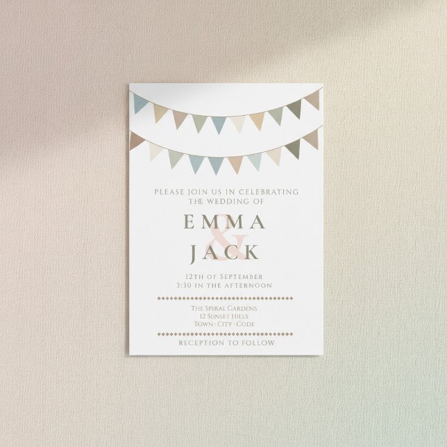Neutral bunting rustic pastel wedding invitation (Neutral bunting rustic pastel wedding invitation.)