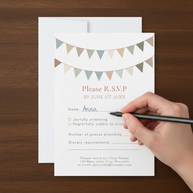 Neutral bunting rustic RSVP wedding response card (Neutral bunting rustic RSVP wedding response card.)