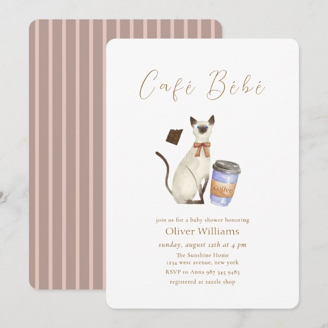 Neutral Café Bébé Cat Coffee  Baby shower Invitation (Front/Back)
