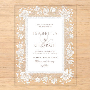 Neutral Calssic QR Photo Lace Old Money Wedding Acrylic Enclosure Card